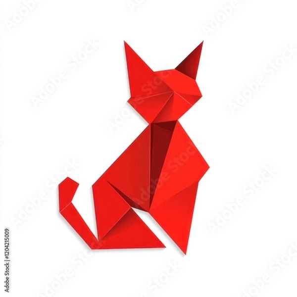Fototapeta Red origami cat, simple design, graphic illustration, stock image