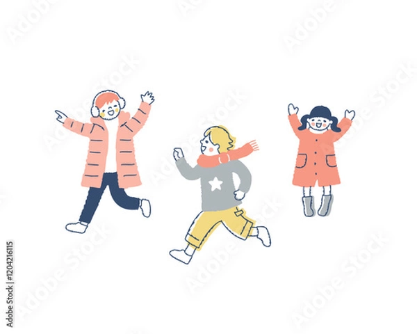 Fototapeta 元気に遊ぶ冬服の子供達