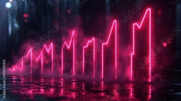 Fototapeta Pink neon graph rising in smoke.