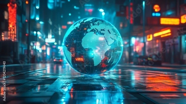 Fototapeta an image of the Earth hovering over the wet asphalt of a nighttime city illuminated by bright neon lights