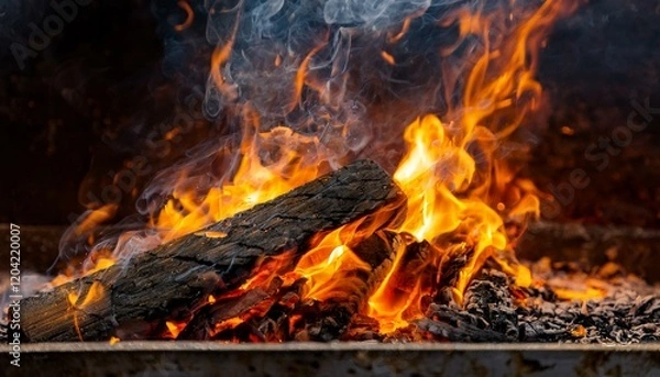 Fototapeta 불로 인해 녹아내리는 금속과 타고 있는 나무 조각들
