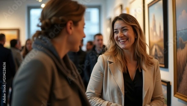 Obraz Candid moment showing artist deep in conversation with fellow creator Smiling Caucasian artist showcasing work at a gallery opening