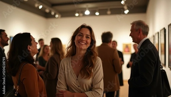 Obraz Cheerful chatter and light laughter resonating throughout elegantly lit gallery space Smiling Caucasian artist showcasing work at a gallery opening