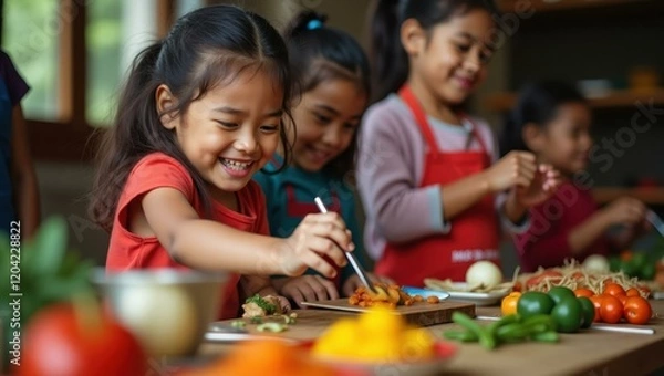 Obraz Children helping prepare community feast learning about traditional recipes and ingredients Smiling Indigenous children participating in a local holiday festival