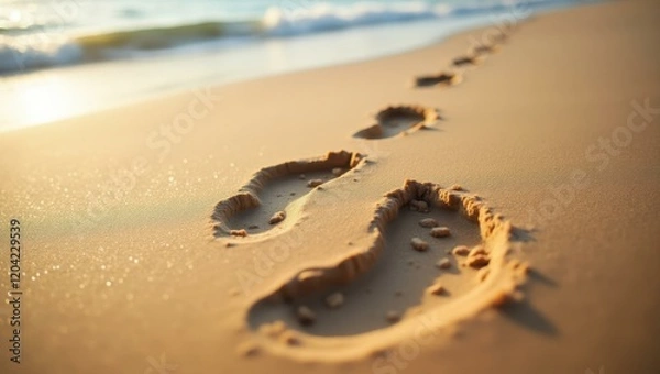 Obraz Close-up playful footprints in sand marking where group practiced yoga Smiling Black friends doing a yoga session on the beach
