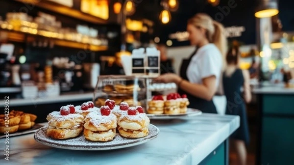 Fototapeta Delicious Raspberry Pastries in Cafe