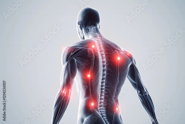 Fototapeta Visual representation of the human back, featuring the spine and highlighted pain points, symbolizing anatomy, pain management, and healthcare.