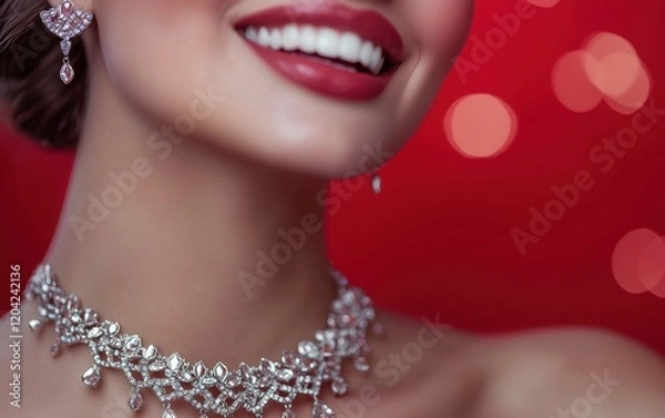 Obraz A glamorous close-up of a woman showcasing intricate silver jewelry, her smile dazzling against a pastel red background blur for valentines day