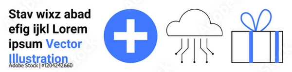 Fototapeta Blue medical cross, cloud connection, and gift box with ribbon alongside placeholder text. Ideal for web design, healthcare, cloud computing, gifting, templates, digital interfaces and technology