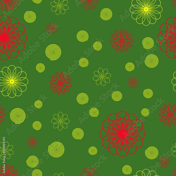 Obraz Seamless floral pattern. Yellow and red flowers on a green background. Vector