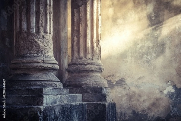 Fototapeta Ancient stone columns stand against a weathered wall, bathed in sunlight, showcasing age and history.