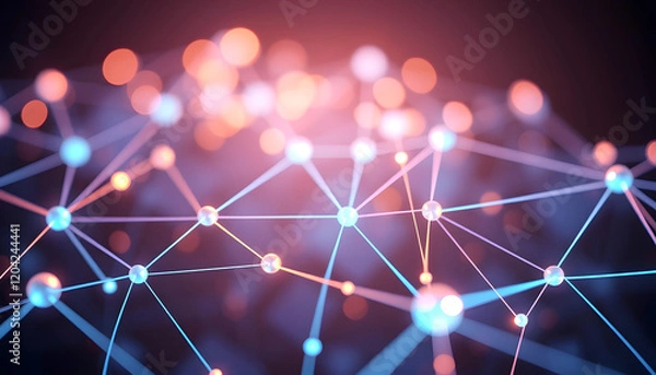 Fototapeta a image of 3D rendering of network connection with glowing dots and lines. Network concept, origami, with white tones