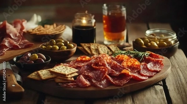 Obraz Salami, Olives & Crackers Appetizer