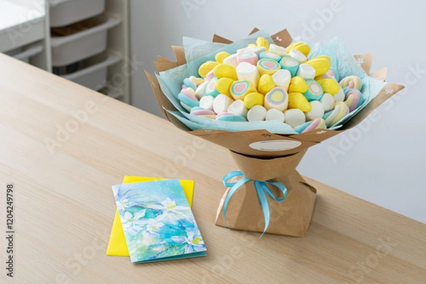 Fototapeta Colorful Marshmallow Bouquet with Greeting Card