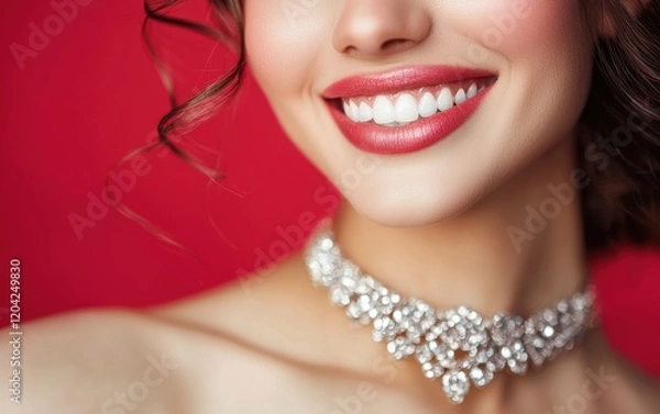 Obraz A glamorous close-up of a woman showcasing intricate silver jewelry, her smile dazzling against a pastel red background blur for valentines day