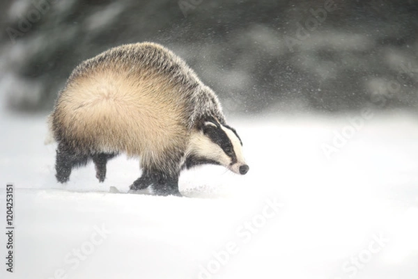 Fototapeta “European Badger Running on a Snowy Clearing at the Forest Edge”