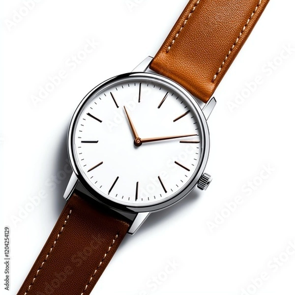 Fototapeta A stylish wristwatch with a white face and brown leather strap, perfect for both casual and formal occasions. An elegant accessory that complements any outfit beautifully.