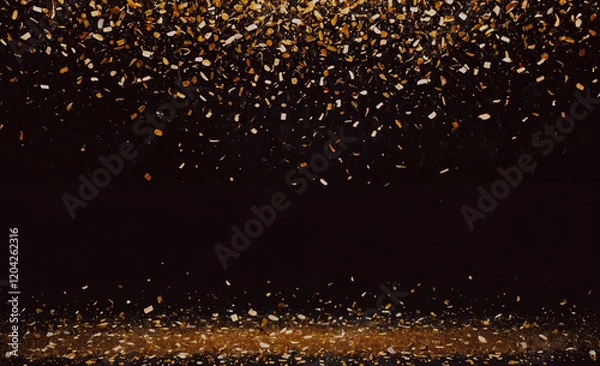 Obraz A black background with gold confetti falling from the sky. The confetti is scattered all over the background, creating a festive and celebratory atmosphere