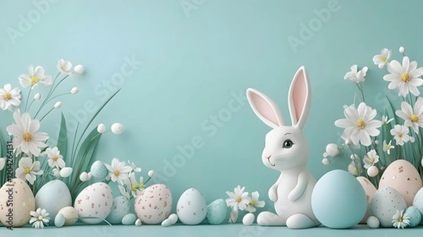 Fototapeta Cute White Rabbit with Colorful Easter Eggs and Flowers on Pastel Green Background