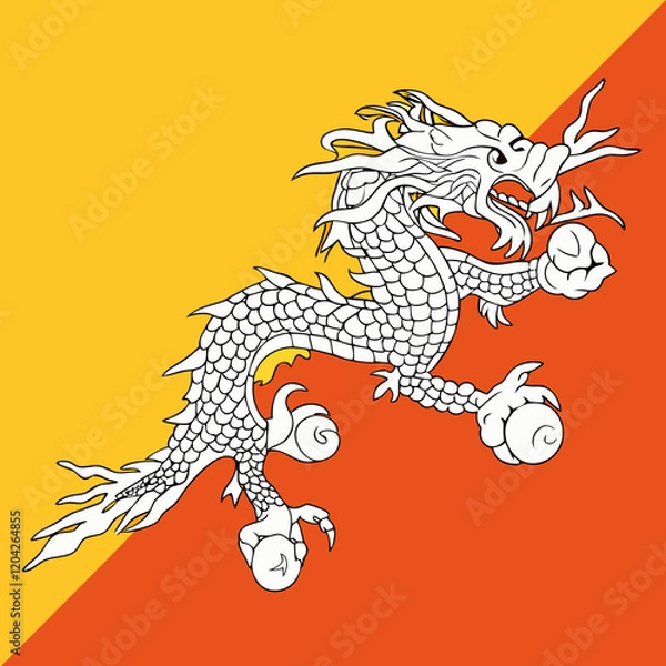 Fototapeta Bhutan Flag: Diagonal split of yellow and orange with a dragon at the center.
