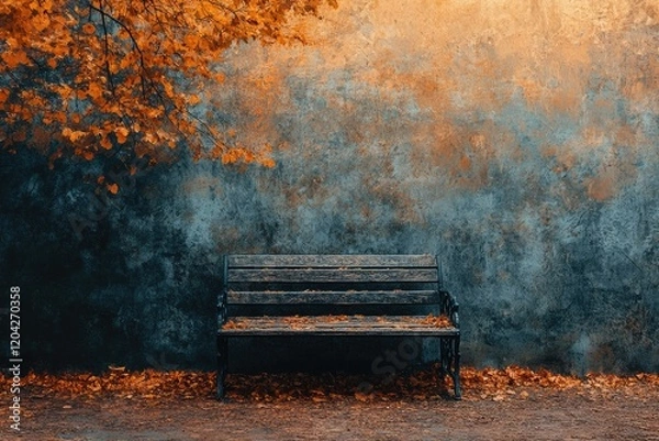 Fototapeta Autumnal scene: A weathered bench sits against a textured wall, adorned with fallen leaves and a tree branch with vibrant orange foliage.