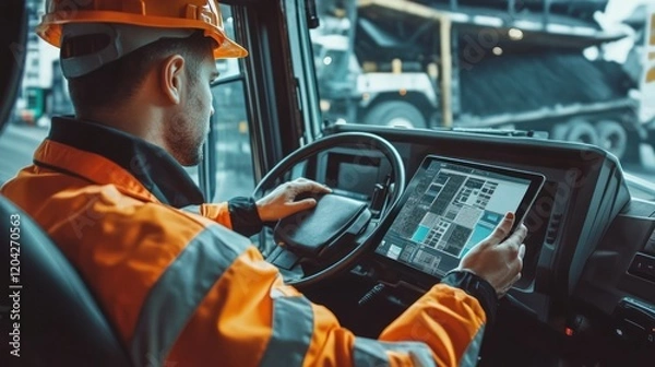 Fototapeta Modern Mining Technology: A Driver Using a Tablet in a Heavy Duty Vehicle