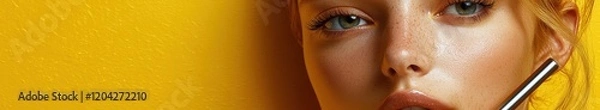 Fototapeta Close-up of woman with freckles and straw against vibrant yellow background