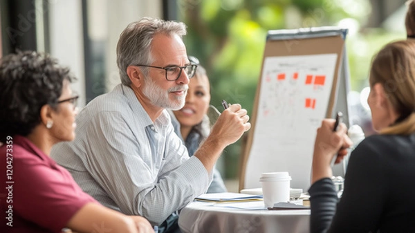 Fototapeta A candid moment of a business meeting in progress, showing a mix of diverse professionals discussing ideas, one person writing on a flip chart, and another sipping coffee while listening intently