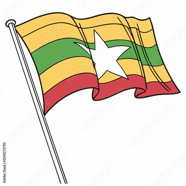 Fototapeta Myanmar Flag: Horizontal yellow, green, and red stripes with a white star in the center.
