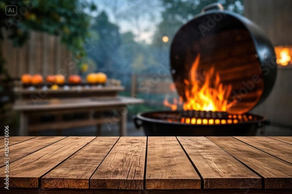 Fototapeta Empty wood table with blur BBQ space for background
