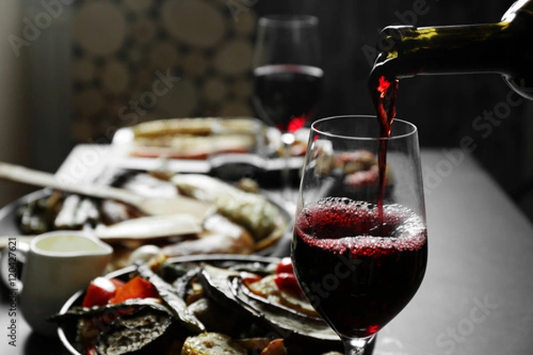 Obraz Delicious dinner with grilled vegetables and wine