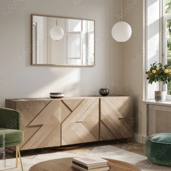 Fototapeta Minimalist Scandinavian interior, light wood cabinets with chevron pattern, large rectangular mirror, white textured walls, round pendant light, green accent cushion, potted plant on windowsill, natur