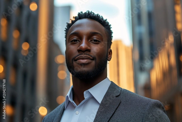 Obraz A man wearing a suit and tie stands in front of a building. Generative Ai.