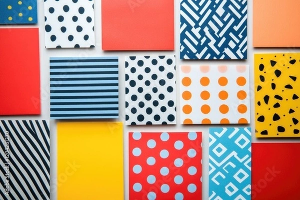 Fototapeta Colorful square papers with various patterns like polka dots, stripes, and geometric designs arranged on a white background.