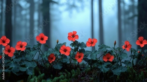 Fototapeta Nasturtium Vibrant red flowers bloom in a misty forest, creating a serene and enchanting atmosphere.