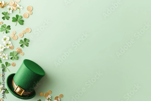 Obraz Leprechaun hat, gold coins, shamrocks, and flowers creating festive saint patrick's day border