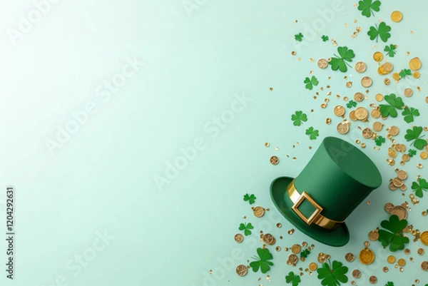 Obraz Leprechaun hat spilling gold coins and shamrocks on pastel green background for st. Patrick's day celebration