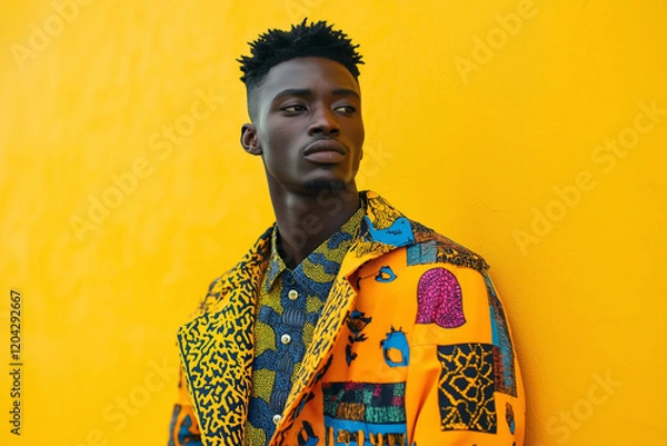 Obraz A man wearing a yellow and black jacket with a patterned shirt. Generative Ai.