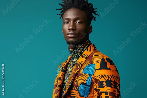 Obraz A man wearing a colorful outfit with a blue and orange patterned jacket. Generative Ai.