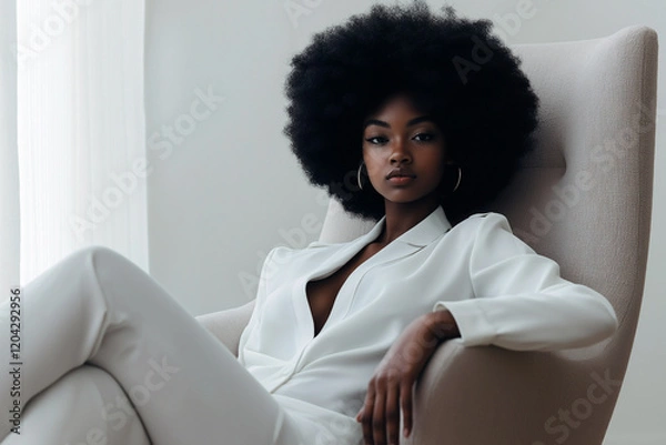 Obraz A woman with curly hair is sitting in a chair wearing a white outfit. Generative Ai.