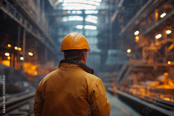 Fototapeta A man in a yellow jacket and a hard hat stands in a large industrial building. Generative Ai.