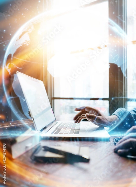 Fototapeta Male hands with laptop. Man working remotely at home. Concept of networking or remote work. Global business network.