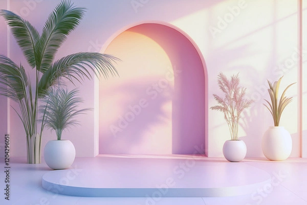 Obraz A white room with a pink archway and two white vases. Generative Ai.