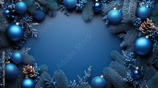 Obraz Festive blue and green holiday wreath with ornaments and pinecones on a dark background