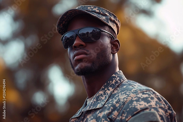 Obraz A man in a military uniform is wearing sunglasses and a hat. Generative Ai.