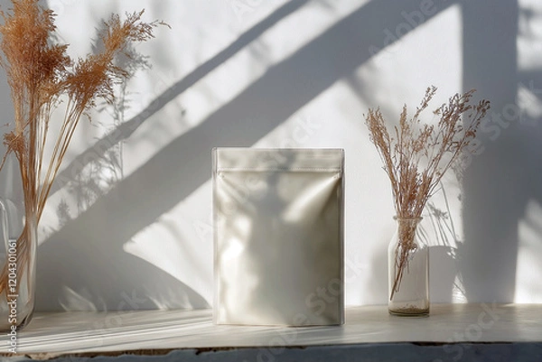 Obraz A white bag sits on a table next to a vase of dried flowers. Generative Ai.