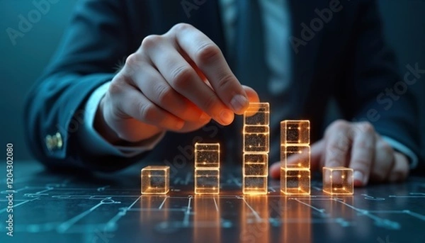 Fototapeta Businessman constructs digital blocks growth. Visualizes business development in tech environment. Represents strategic planning, innovation. Suggests increasing performance, successful strategies.