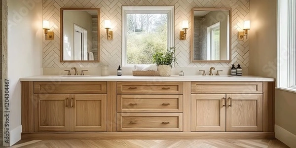 Fototapeta A farmhouse bathroom with natural wood cabinets, herringbone tile backsplash