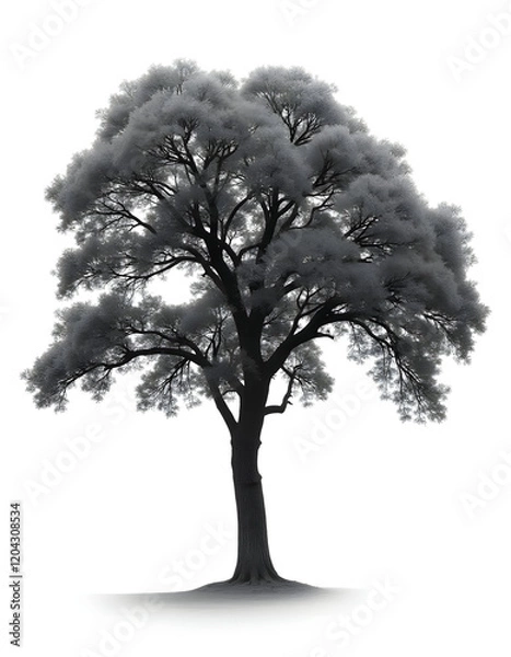 Fototapeta A majestic oak tree with sprawling branches and vibrant green leaves, isolated white background.