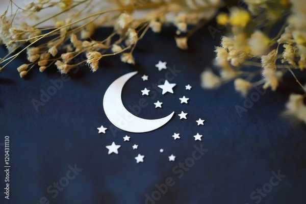 Fototapeta Minimalist composition of white crescent moon and star stickers on a dark blue background, enhanced by dried flowers for a celestial vibe